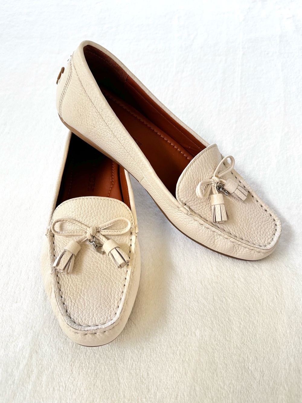 Coach Cream Leather Bow Tassel Loafers